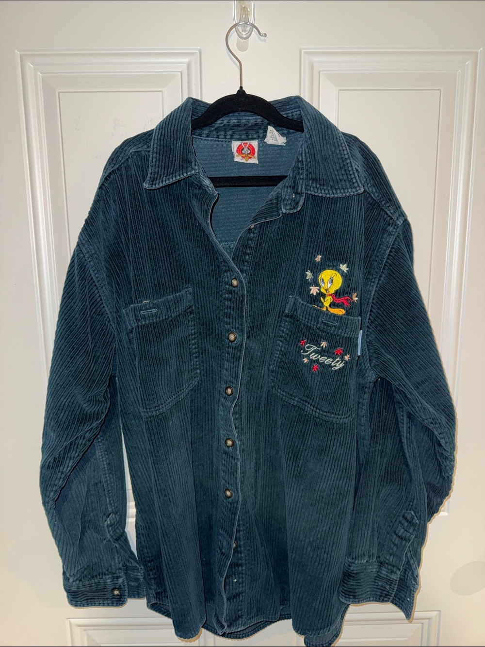 Embroidered Corduroy Button-Down Shirt - Dark Teal